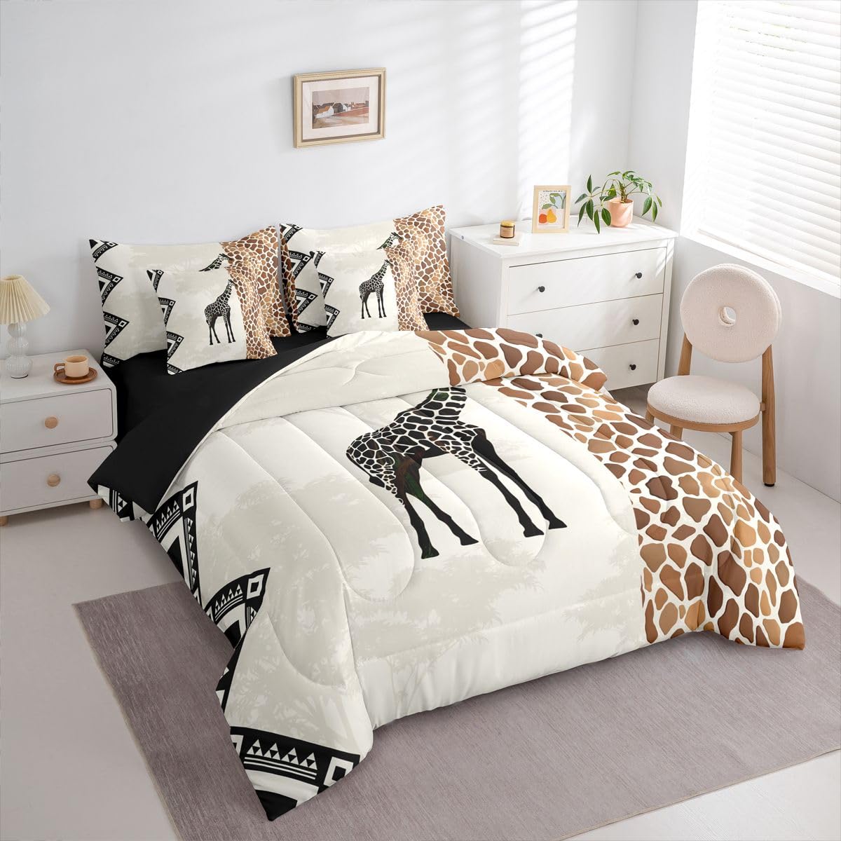 Erosebridal Giraffe 7 Piece Bedding Set Full African Comforter Set with Sheets Geometric African Animal Lovers Bed in a Bag Woodland Silhouette Wild Animal Skin for Kids Boys Girls
