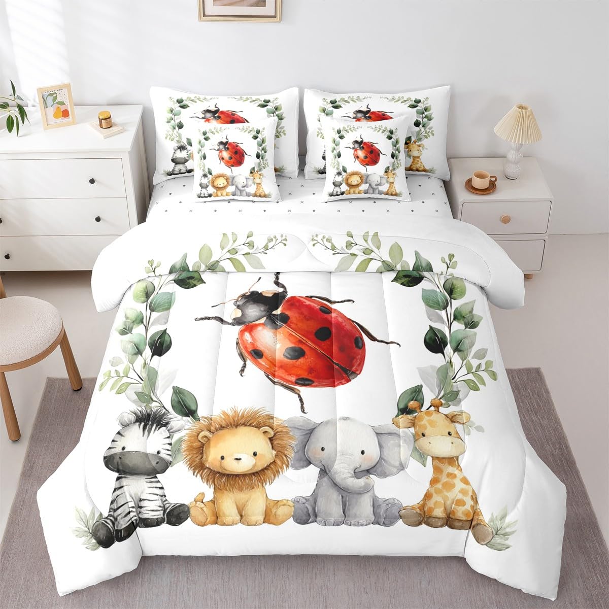 Erosebridal Cute Zoo Animal Twin Size Comforter Set with Sheets Kids | Kawaii Ladybug 7-Piece Bedding Set Botanical Eucalyptus Bed in a Bag Cartoon Zebra Lion Elephant Giraffe Bed Quilt Sets