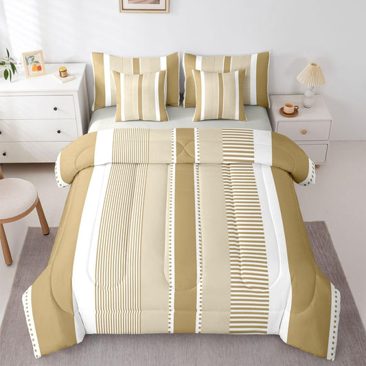 Erosebridal Queen Size Striped 7 Piece Bedding Set for Kids Boys Girls,Beige White Geometric Patchwork Comforter Set Modern Simple Stripes Bed in A Bag Classic Vintage Neutral Style Bed Set