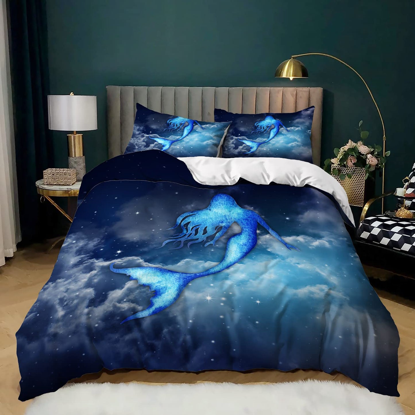 CVHOUSE Mermaid Duvet Cover Queen Size,Sky Cloud Bedding Set for Girls Kids Teens,Mermaid Comforter Cover,1 2 Pillowcases 3 Piece Queen 89'x89'