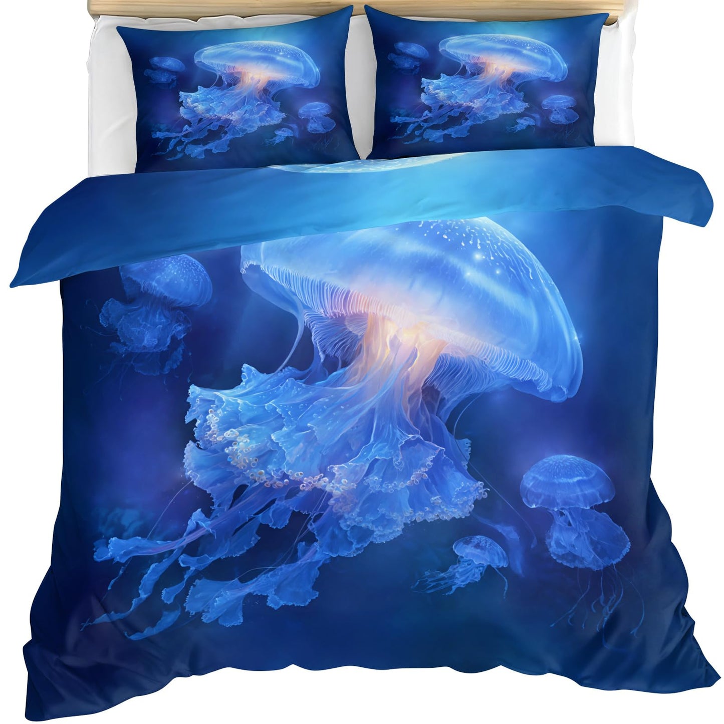 Glowing Jellyfish Duvet Cover King for Boys Girls, Kids Beach Underwater Sea Animal Jellyfish Printed Bedding Set 3 Pieces, Blue Ocean Nautical Dreamy Duvet Cover Set with 2 Pillow Case Microfiber