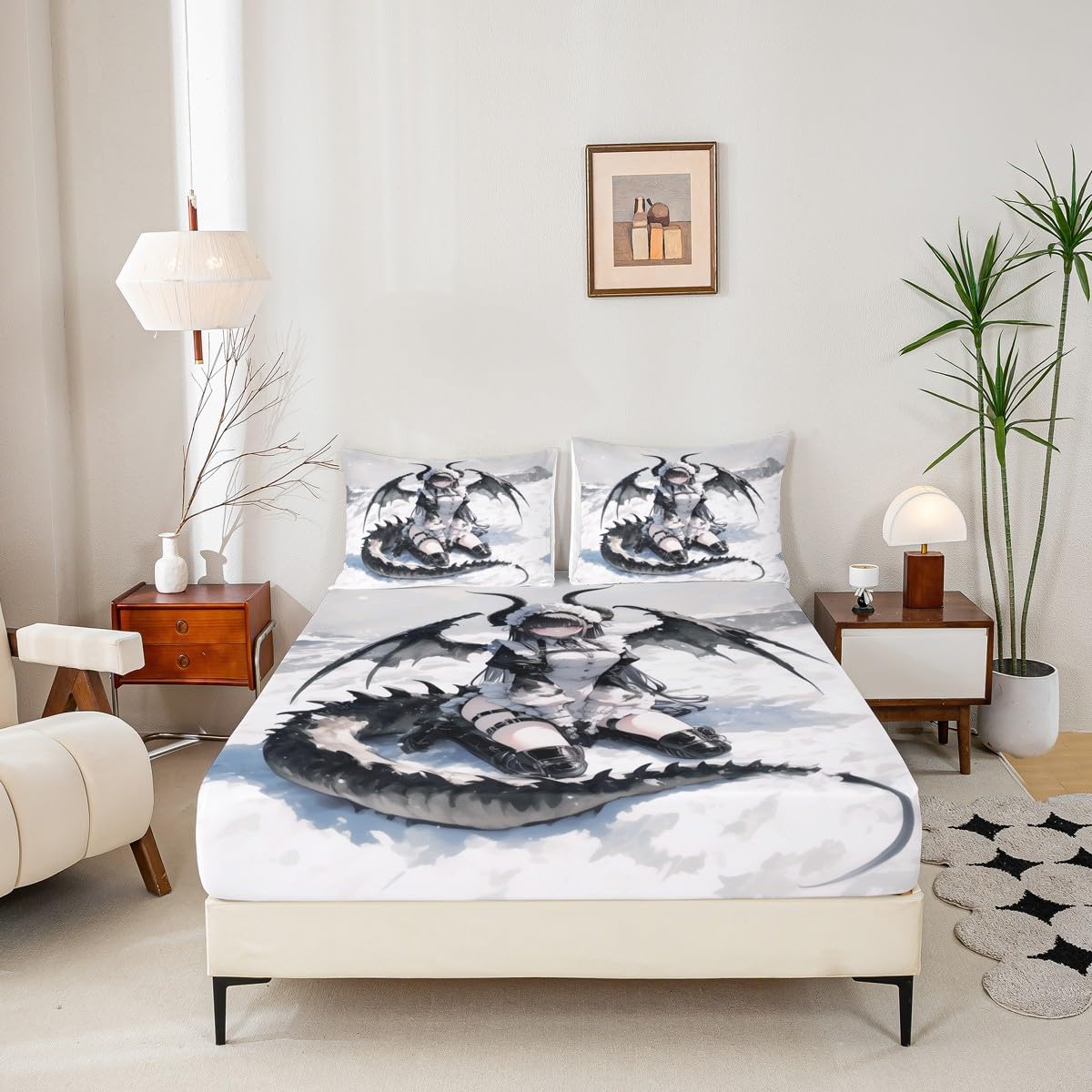 Erosebridal Anime Girl Bed Sheets Full, Japanese Anime Bedding Set for Kids Girls Teens Women Bedroom, Cartoon Girl Fitted Sheet Japanese Animation Sci Fi Style Sheets,2 Pillow Cases