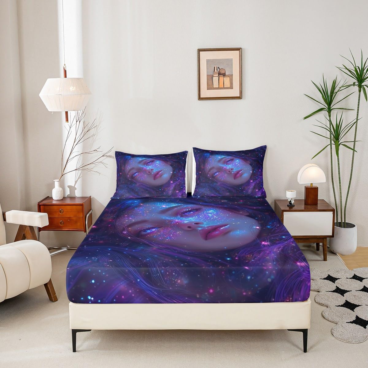 Erosebridal Anime Girl Bed Sheets Queen Size Galaxy Star Girls Fitted Sheet, Modern Fantasy Dreamy Girly Bed Set for Men Women Japanese Girl 3D Sheets 3 Pieces (No Flat Sheet)
