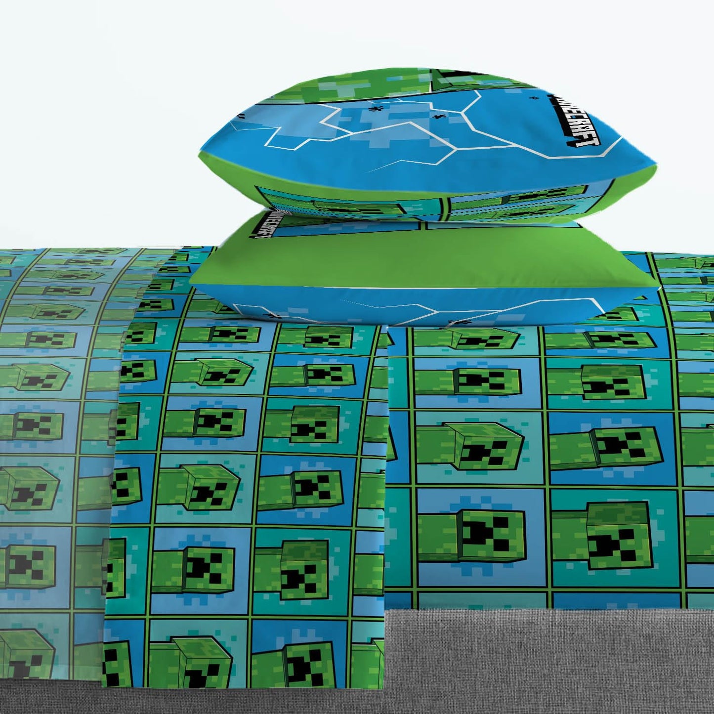 Jay Franco Kids Sheet Set with Fitted, Flat Sheets & Pillow Cover - Ultra-Soft Bedding with Pillowcase for Room Decor, Blue - Minecraft Creeper, 4 Piece Queen