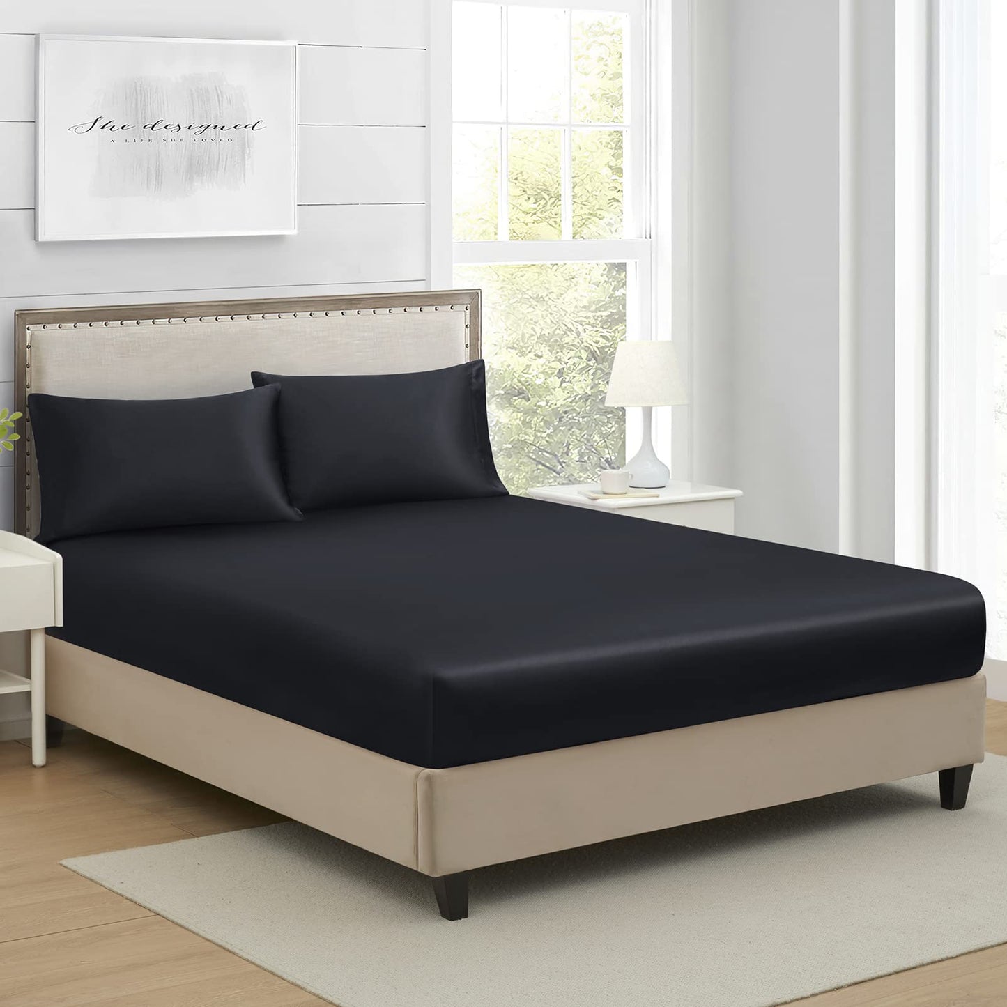Queen Silk Satin Fitted Sheet, Soft Deep Pocket Single Bottom Bed Sheets Sold Separately, Wrinkle Free, Non- Fading, Breathable, Fully Elasticized(Queen Size, Black)
