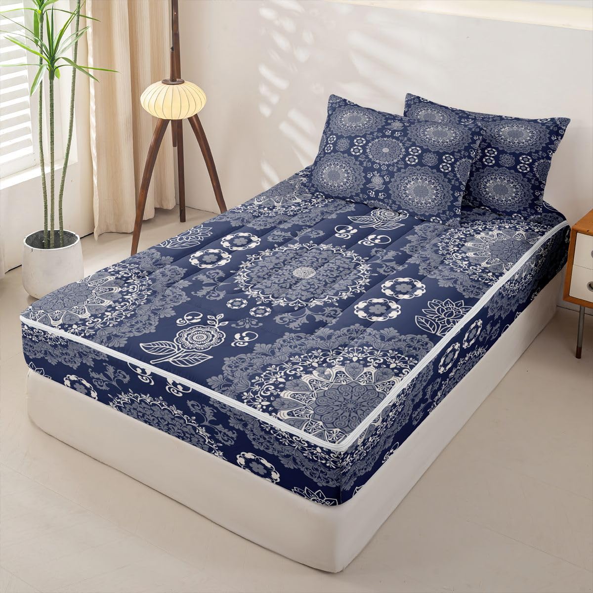 Feelyou Boho Mandala Comforter Set Bohemian Style Zipper Bedding Twin Hippie Mandala Boys Girls Comforter Set with Fitted Sheet and Pillowcases Bed Sheet Sets with Fitted Bed Decor