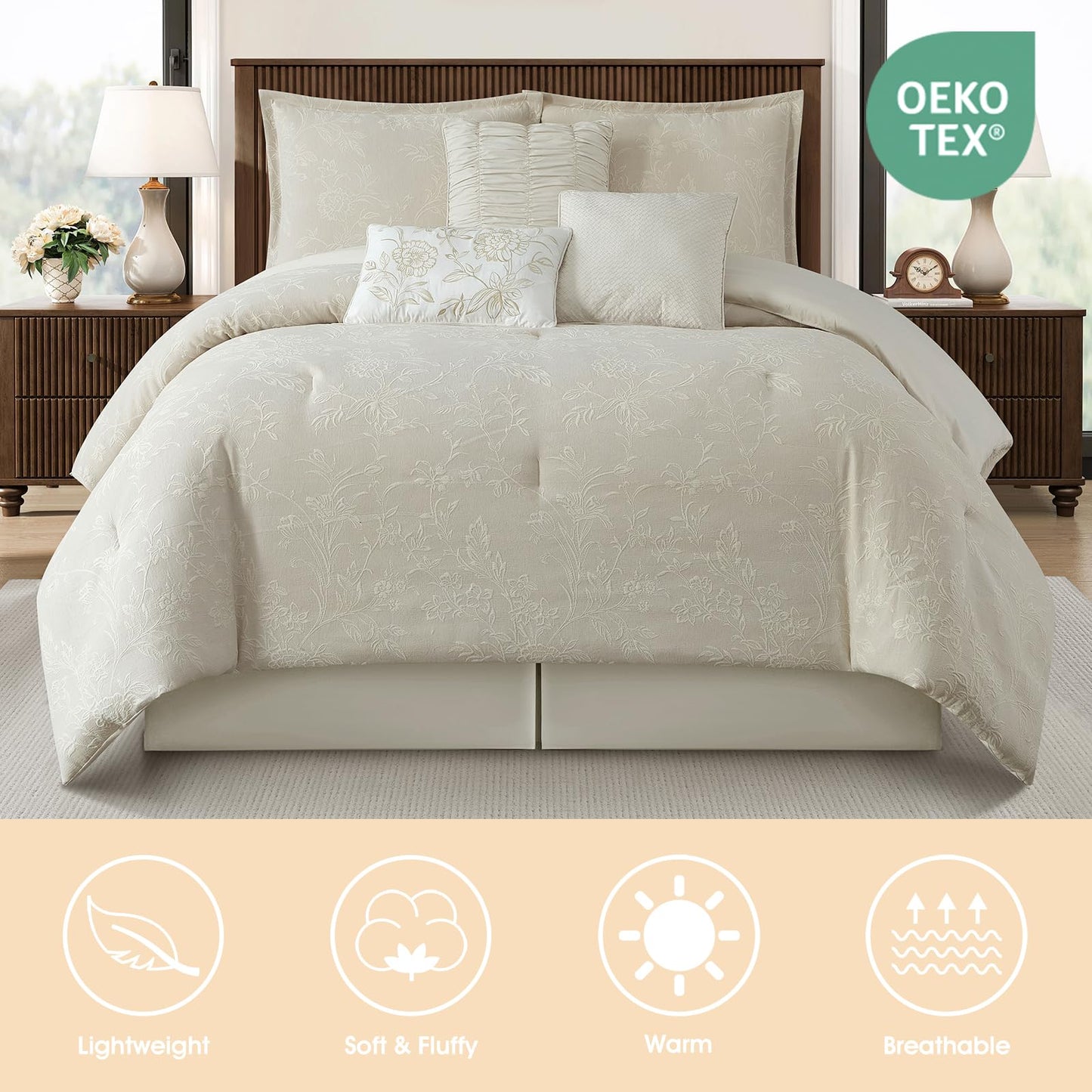 LANCO MODERN LIFESTYLE 7 Piece Beige Comforter Set, Queen, Cotton Fabric Jacquard Patchwork Floral, Year-Round Comfort Bed in a Bag with Bed Skirt, Shams & Decorative Pillows