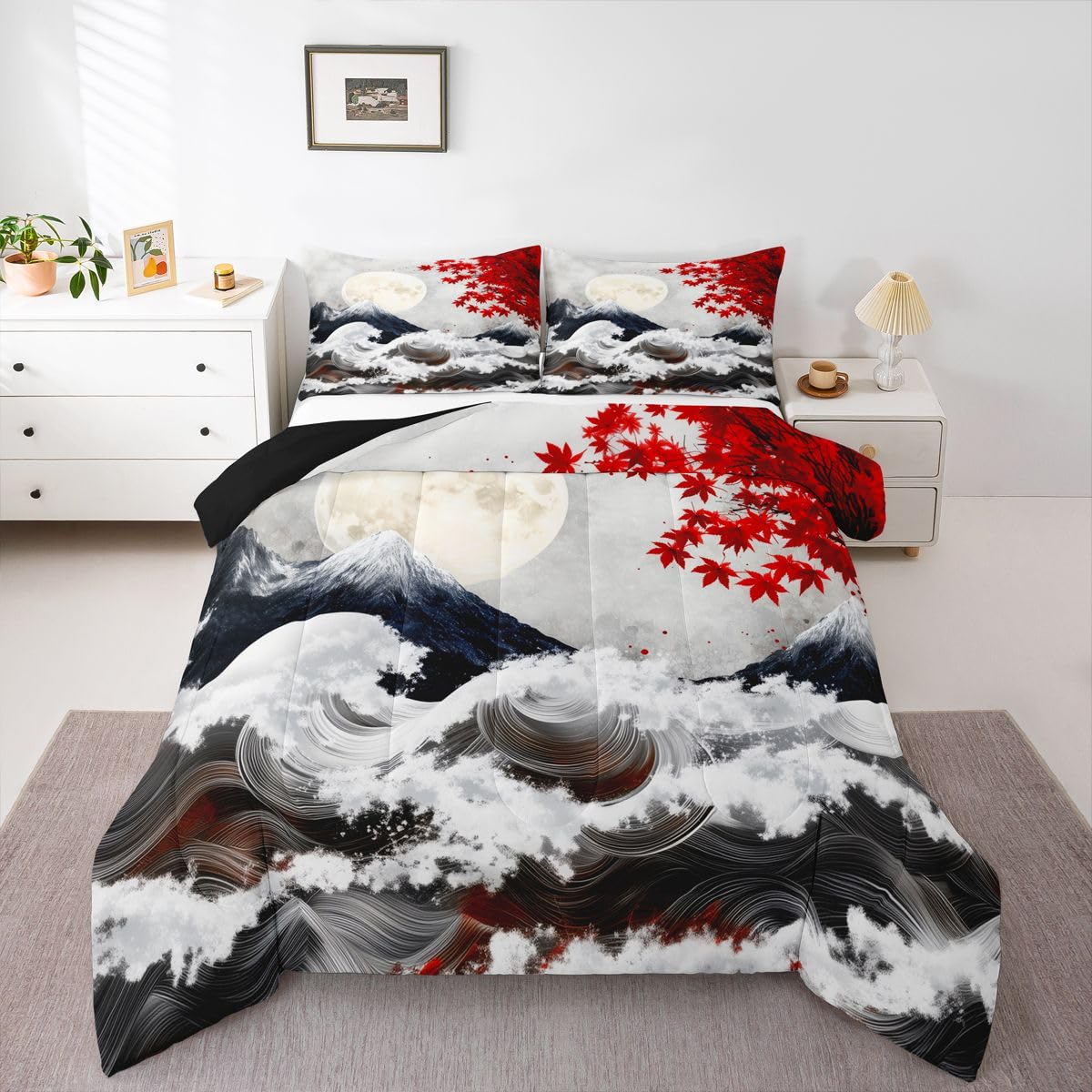 jejeloiu Japanese Wave Bedding Set Soft for Boys Girls, Japanese Style Comforter Set Queen Size Cherry Blossom Duvet Quilt Microfiber Mountain Bedroom Decor 3 Pcs with 2 Pillow Cases