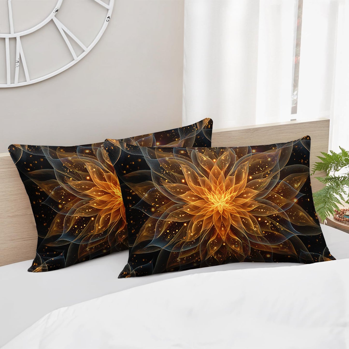 AILONEN Gold Lotus Queen Size Comforter Set - Boho Mandala Floral Duvet with 2 Pillowcases - 3Pcs Exotic Flowers Printed Black Bedding Set for Boys Girls
