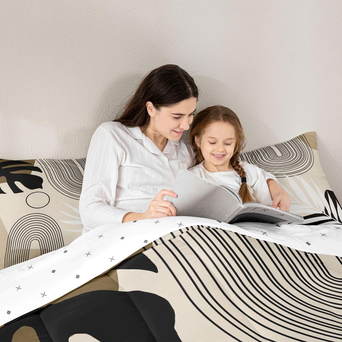 Erosebridal Boho Mid Century Twin Bedding Set, Modern Minimalist Comforter Set, Abstract Arch Geometric Comforter for Adults Teens Kids, Tropical Palm Leaf Aesthetic Quilt, Black Beige Brown