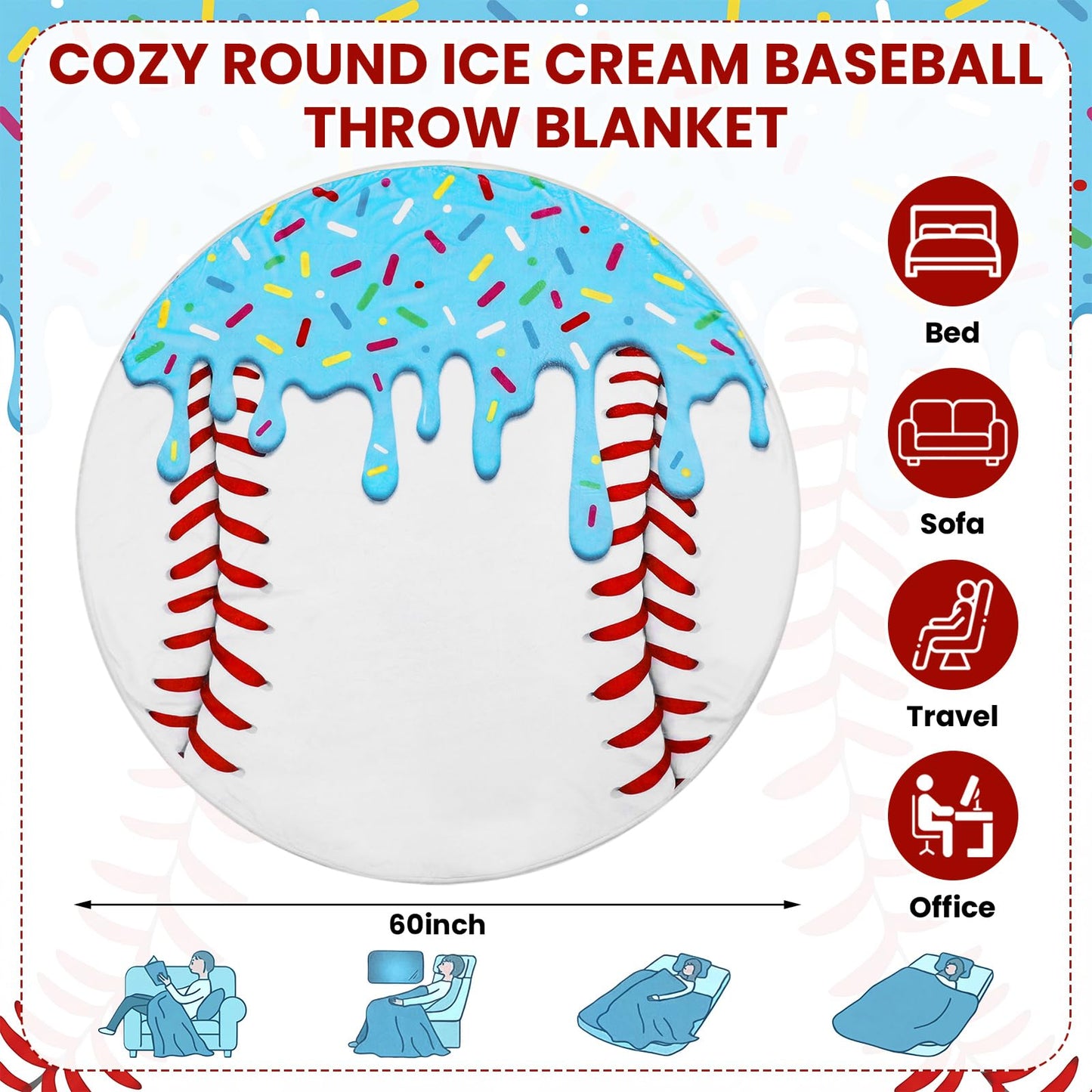 Tigeen 1 Pcs 60" Round Ice Cream Baseball Blanket for Teens Boys Girls Adults Soft Flannel Baseball Ice Cream Drip Stuff Throw for Couch Bed Dorm Room Decor Player Team Senior Night Gifts (Blue)