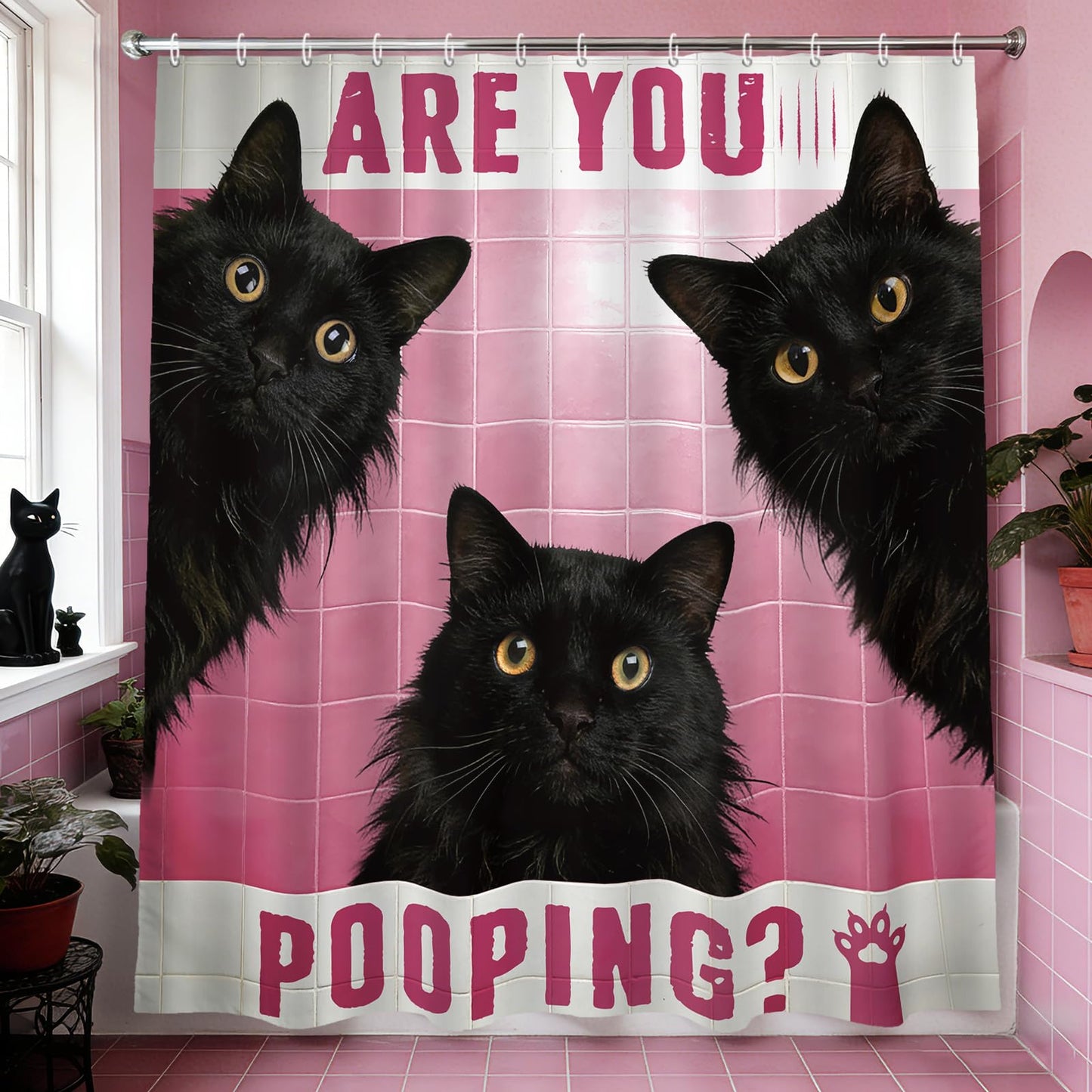 MEHOFOND Funny Cat Shower Curtain Cute Fun Black Cats Pink Tiles Shower Curtain for Bathroom are You Pooping Bathtub Decor Fabric Waterproof Washable Bath Curtain 72x72 Inch