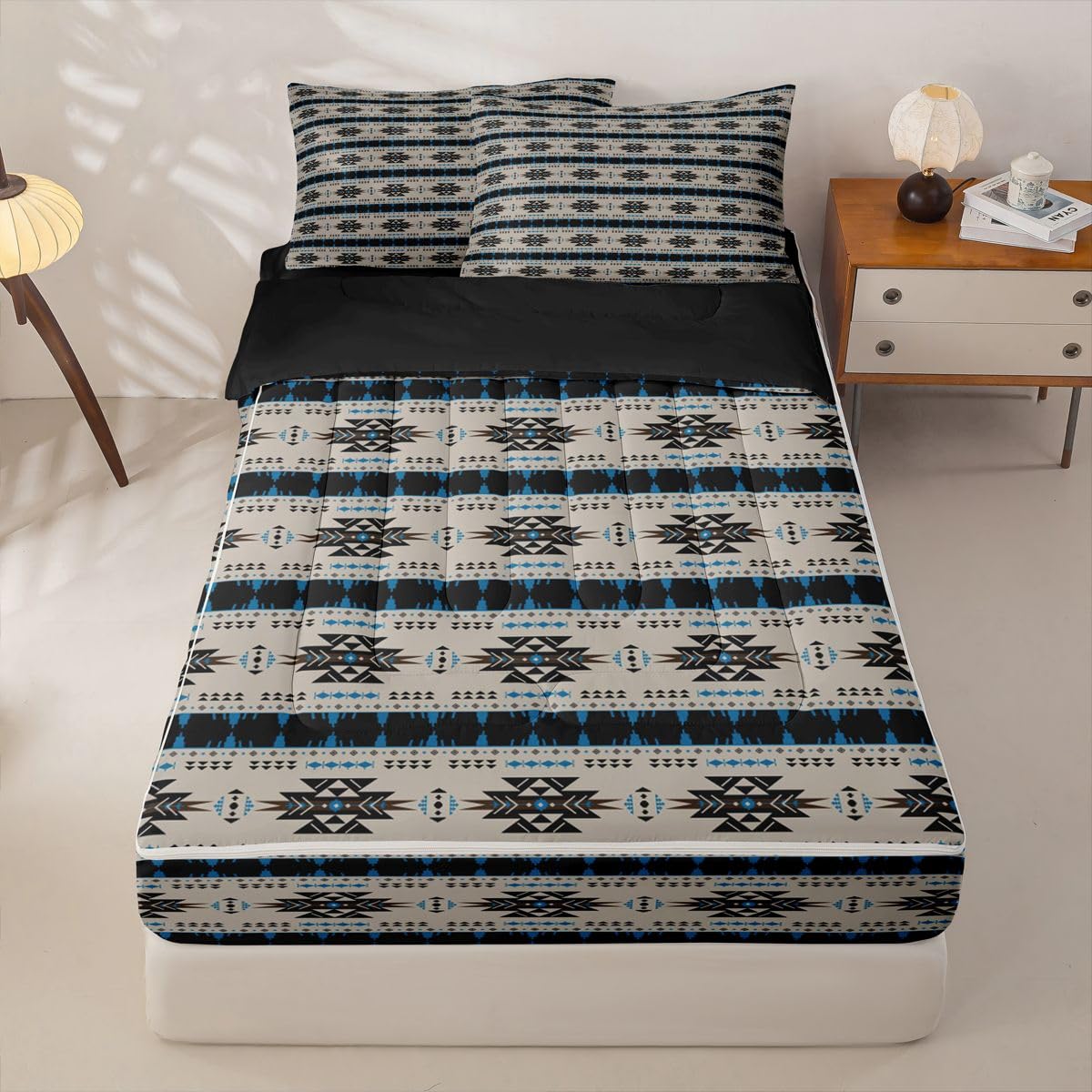 Western Zipper Bedding Set Queen Zip Up Bedding Ethnic Tribal Arrow Comforter Set with Sheets for Boys,Vintage Exotic Geometric Triangle Bed in a Bag African Indian Tribal Sriped Bed Sets Brown Blue