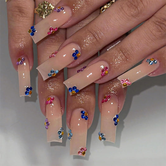 MISUD Press on Nails - Long Square Fake Nails with Nude, Acrylic Rhinestone Design 24 pcs