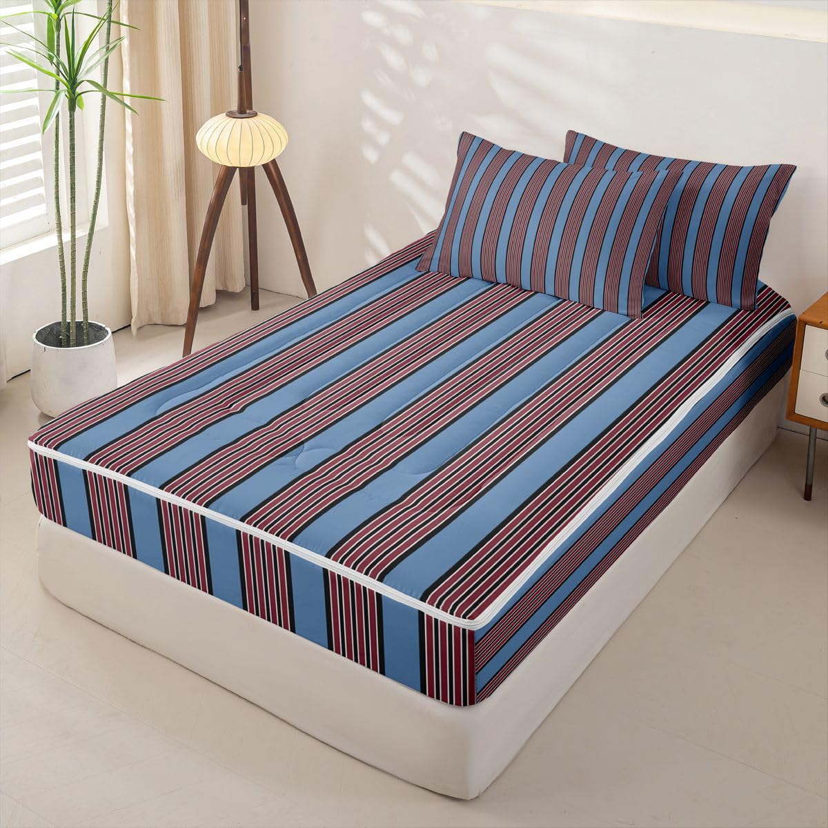 Feelyou Stripes Zipper Bedding Queen Geometric Zipper Bedding Sets for Kids Boys Girls Modern Striped Art Comforter Set with Fitted Sheet and Pillowcases Bedroom Decor Blue Brown