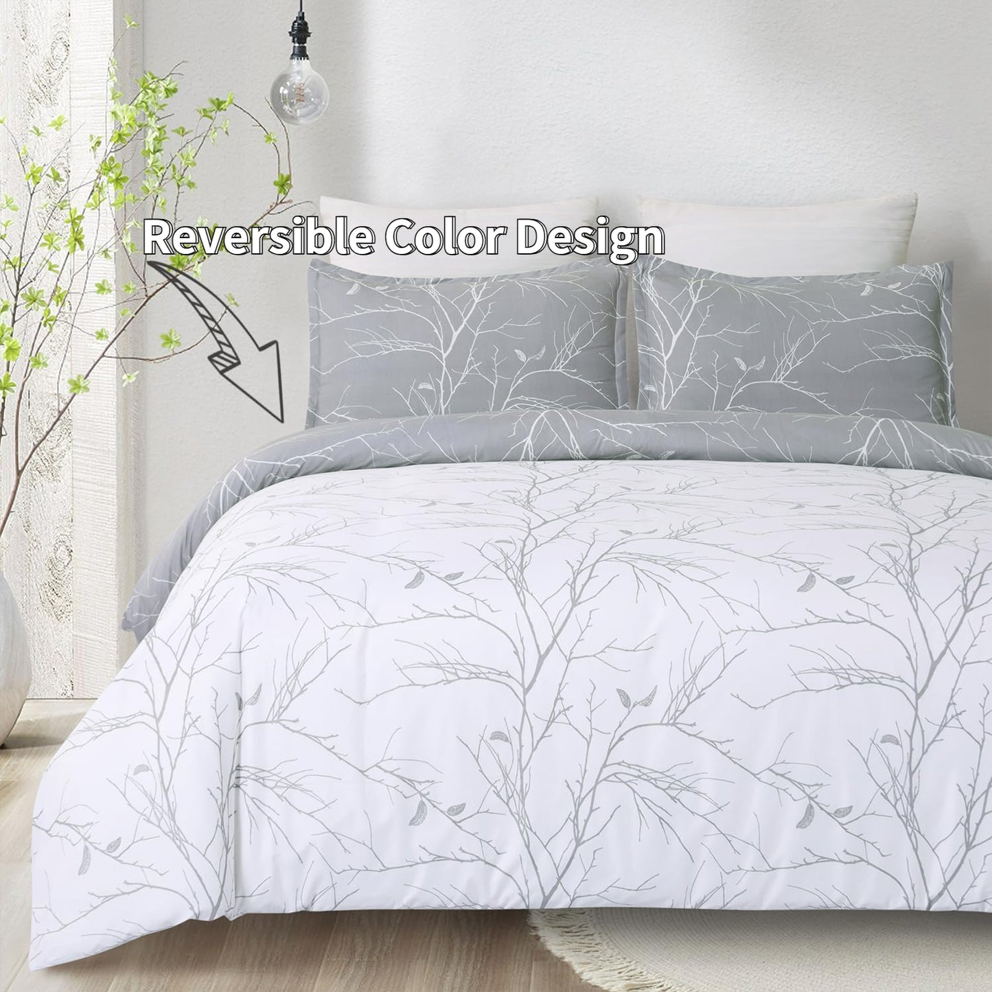 Vaulia Soft Microfiber Duvet Cover Sets, Branches Floral Theme, King Size Gray Color Design 3-Piece Set (1 Duvet Cover 2 Pillow Shams)