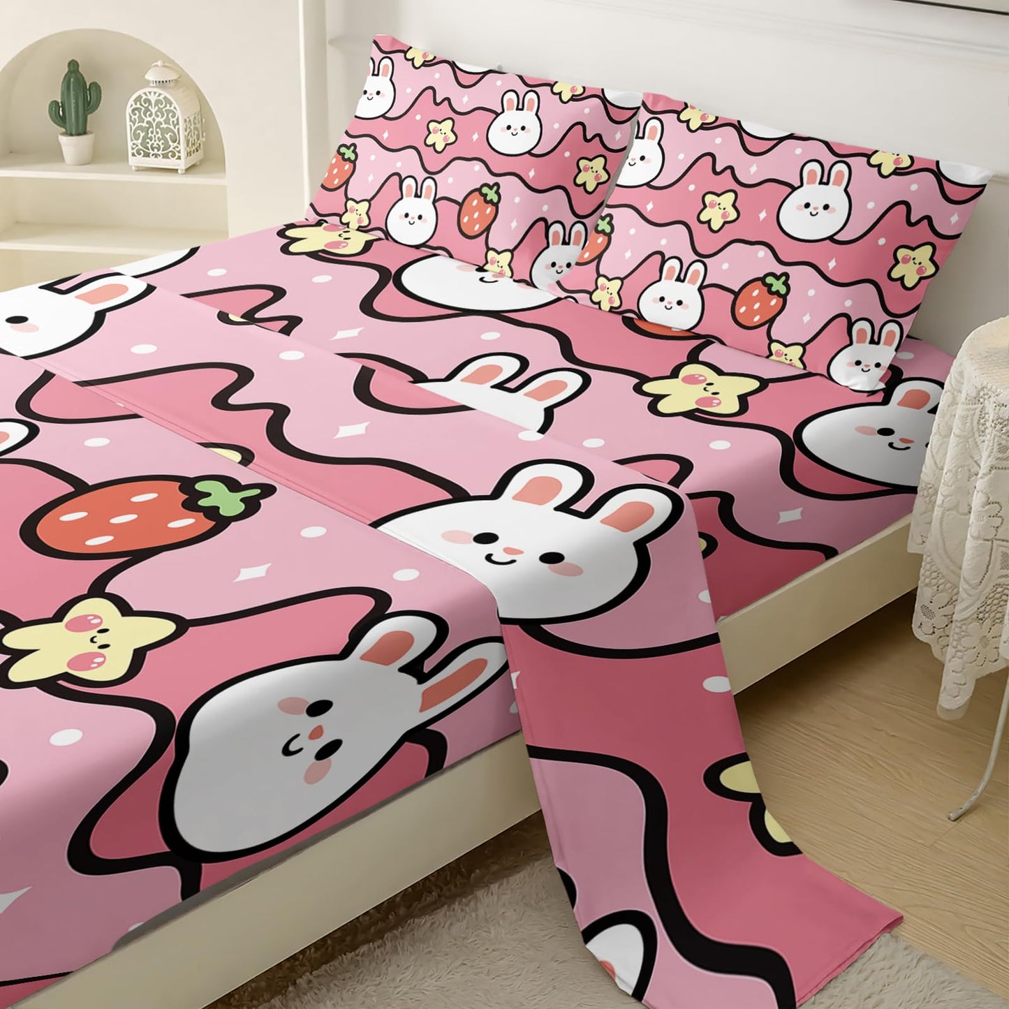QOOMO Kawaii Rabbit Kids Sheets Twin Size,Kawaii Bunny 16" Deep Pocket Bed Sheet Set,Pink Strawberry Printed Bedroom Decor Sheet Set Soft and Breathable for Girls/Kids/Teens(Twin,Pink)