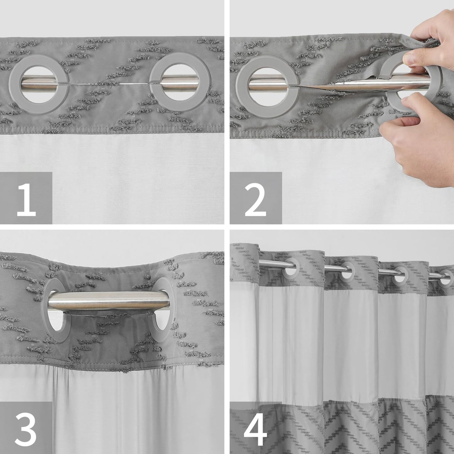 eachope No Hook Tufted Chevron Striped Shower Curtain with Snap-in Fabric Liner set-71Wx74H(72H),Grey Hotel Grade Boho Style Shower Curtain with See Through Top Window,Water Repellent