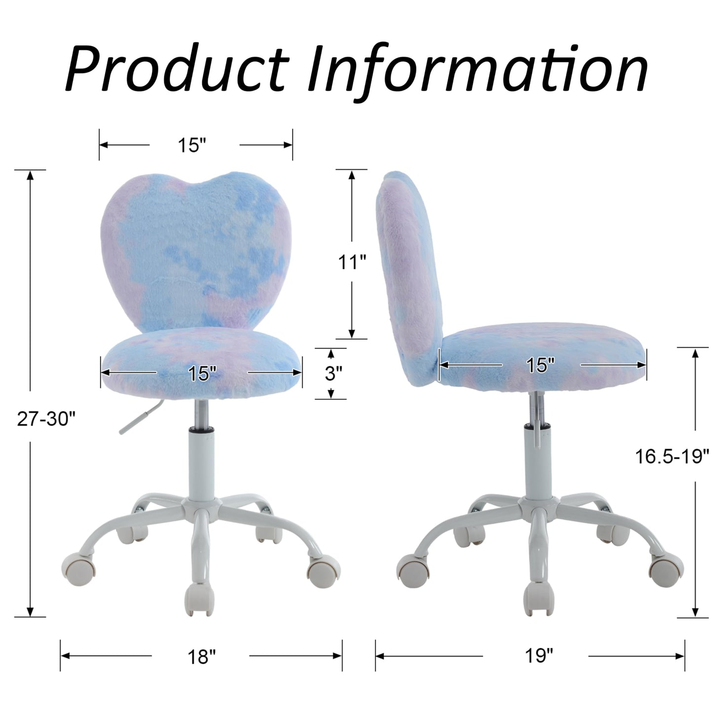 DM Furniture Kids Desk Chair Girls Students Study Chair Adjustable Computer Chair Furry Swivel Office Reading Chairs Child Cute Heart Back Chairs for Home/Bedroom/School/Dorm/Vanity, Blue