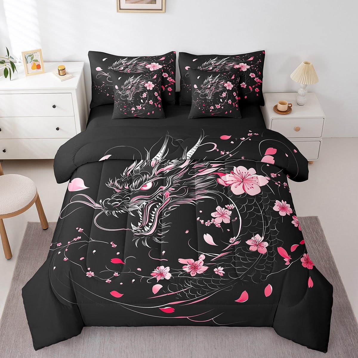 Erosebridal Sakura Dragon Bedding Set for Girls,Exotic Dragon King Comforter Set 7 Piece for Kids Boys Teen,Magical Animal Black Bed in A Bag Pink Cherry Blossom Japanese Style Bed Set