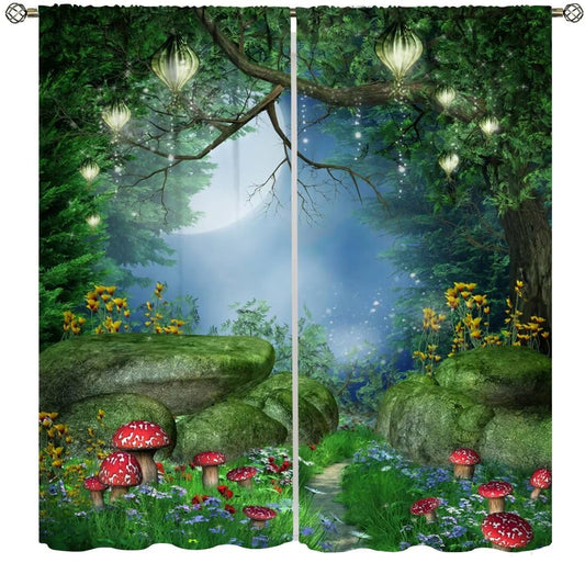 DDCBNS Fantasy Nature Windows Curtains,Magical Forest Dreamland Window Treatments for Bedroom Living Room Mushroom Flower Drapes 2 Panels Set,Total Size 42 x 45 Inch