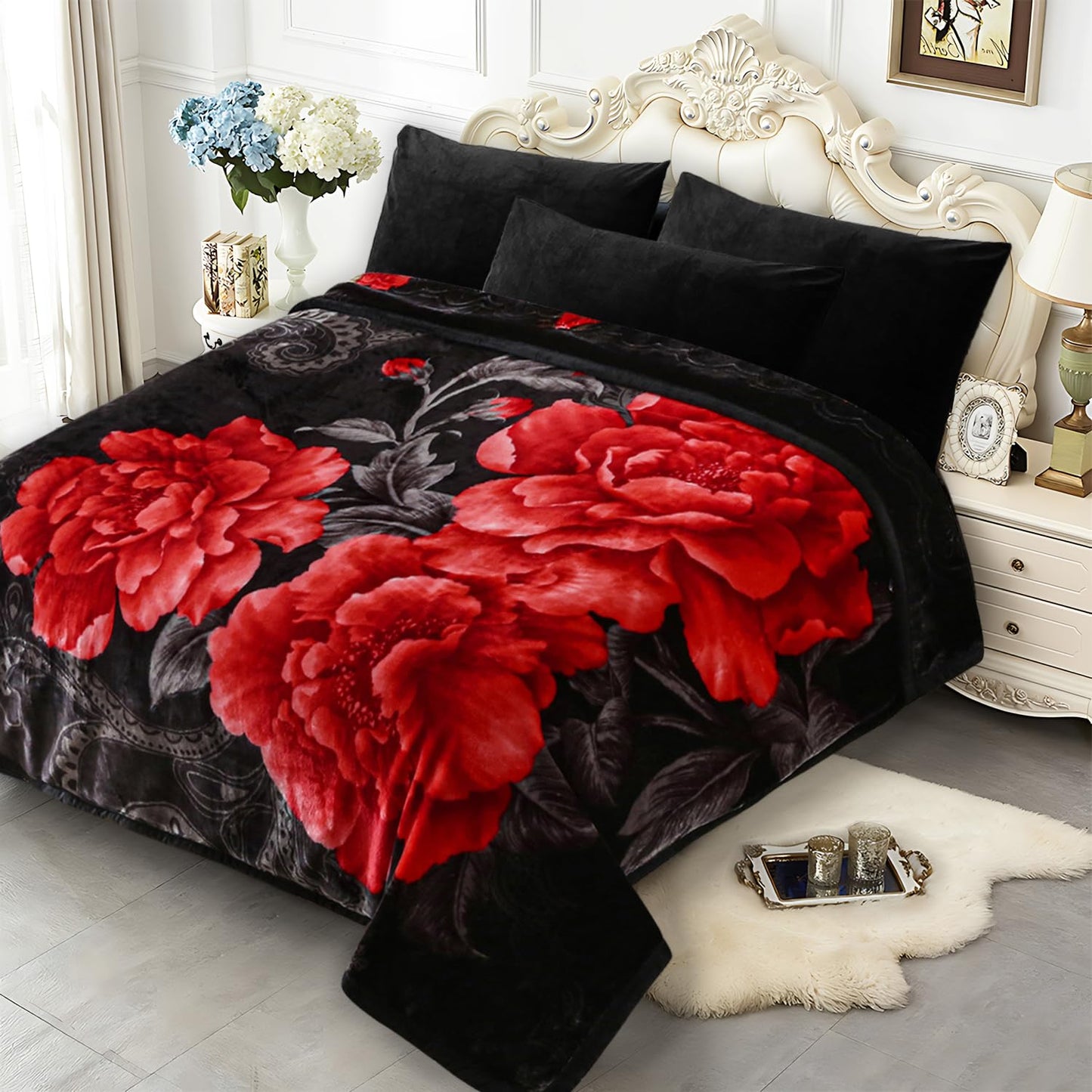 JYK Soft Blanket Korean Mink Blanket, 5 LB Fleece Blanket Queen 75'' x 87'' - 2 Ply Reversible 520GSM Super Soft Plush, Medium Thick, Warm Bed Blanket for Autumn Winter - Peony/Rose