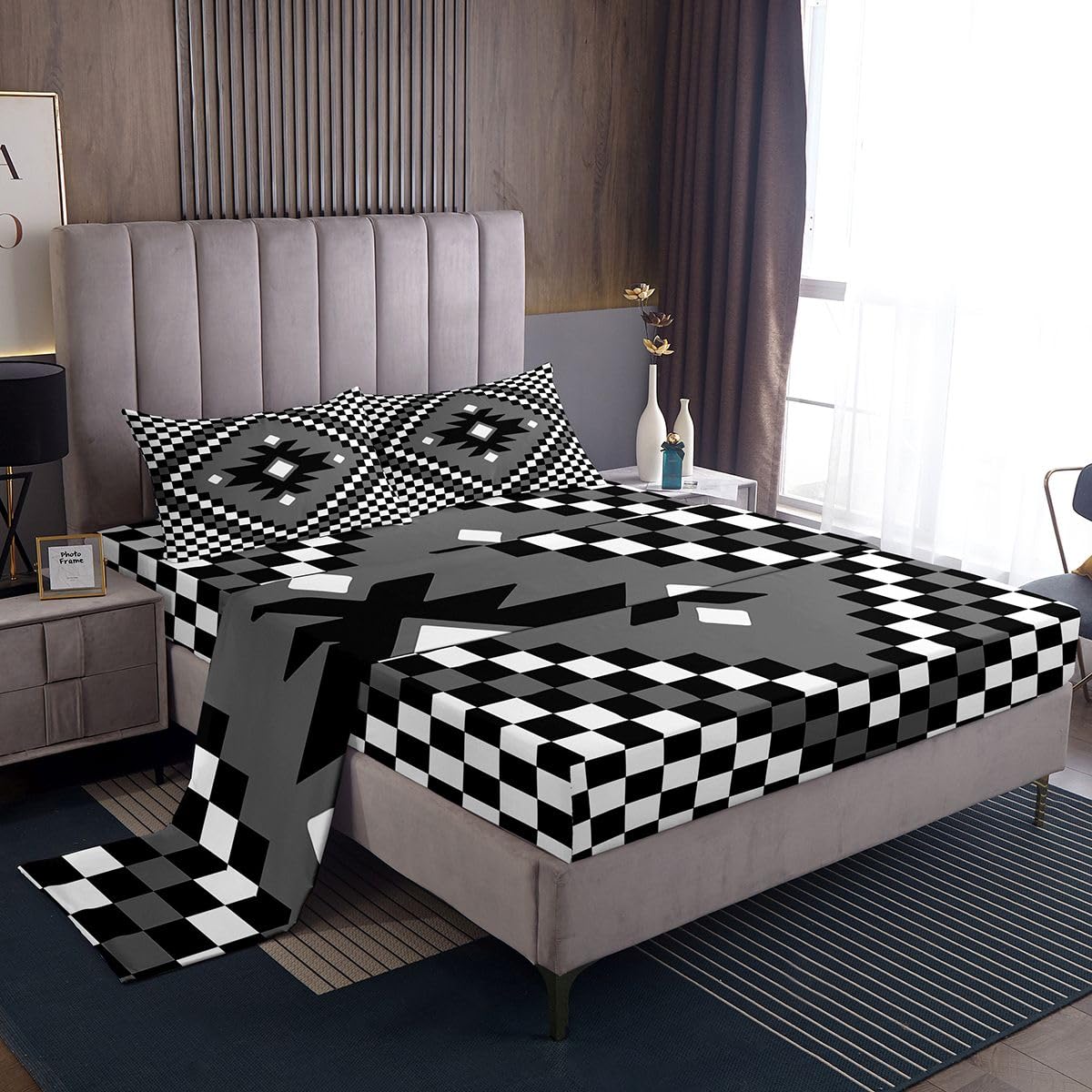 Feelyou Aztec Bed Sheets Sets King Size Kids Boys Girls Black White Checkered Bedding Set Boho Western Decor Bed Sheet Set with 16-Inch Deep Pockets Farmhouse 4Pcs with 2 Pillow Cases