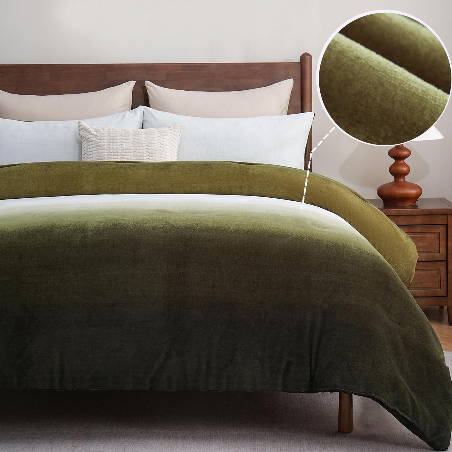 Bedbay Ombre Green Plush Fleece Comforter Set King Ultra Soft Velvety Bedding for Winter Thick Warm Cozy Gradient Quilt Set 3 Pcs All Season Fluffy Velvet King Bed Set with 2 Pillowcases