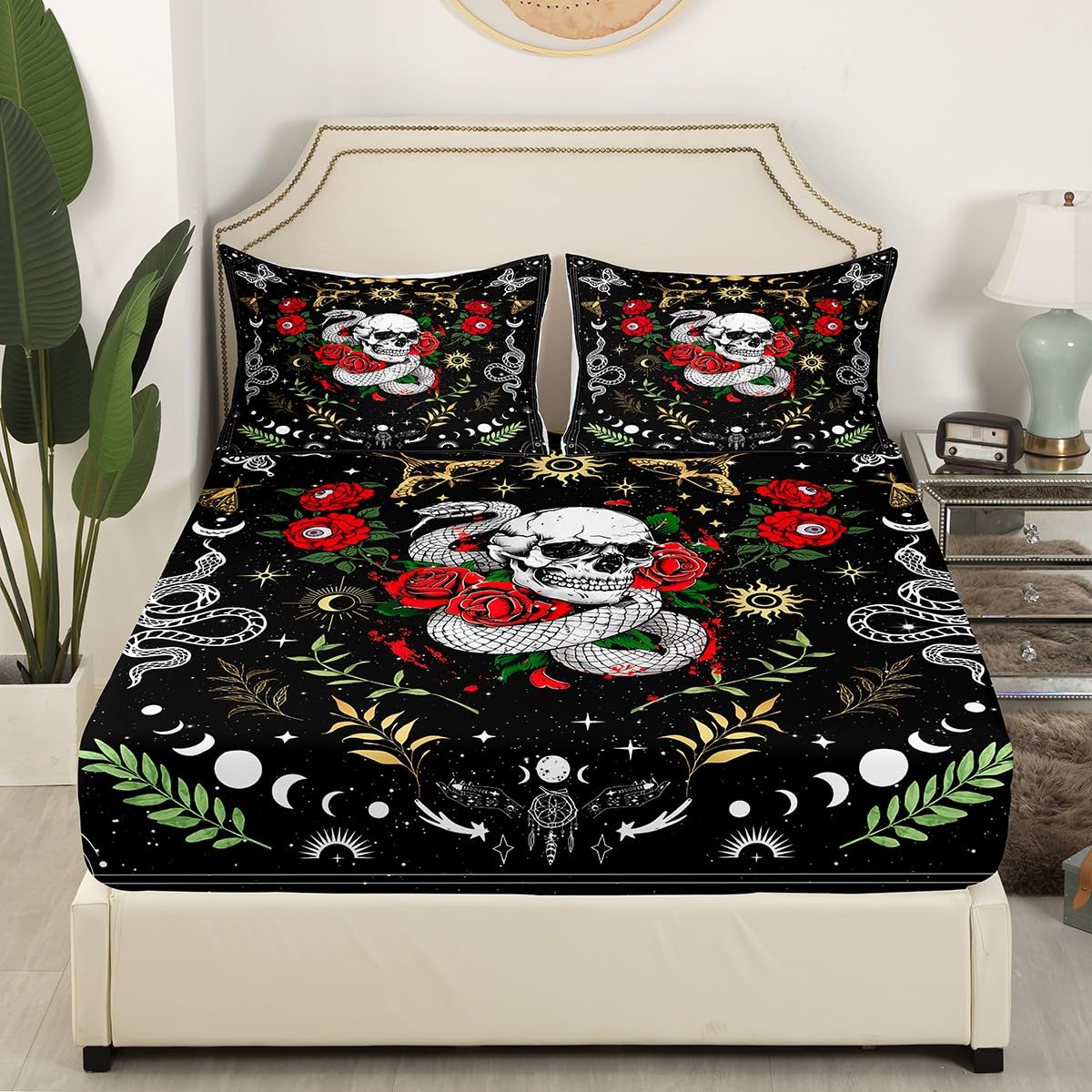 Castle Fairy Mysterious Halloween Theme Fitted Sheet Queen Size Romantic Skeleton Snake Rose Bedding Sheet Set,Bohemian Sun Moon Bed Cover Ultra Soft Breathable Bedding 3 Pcs