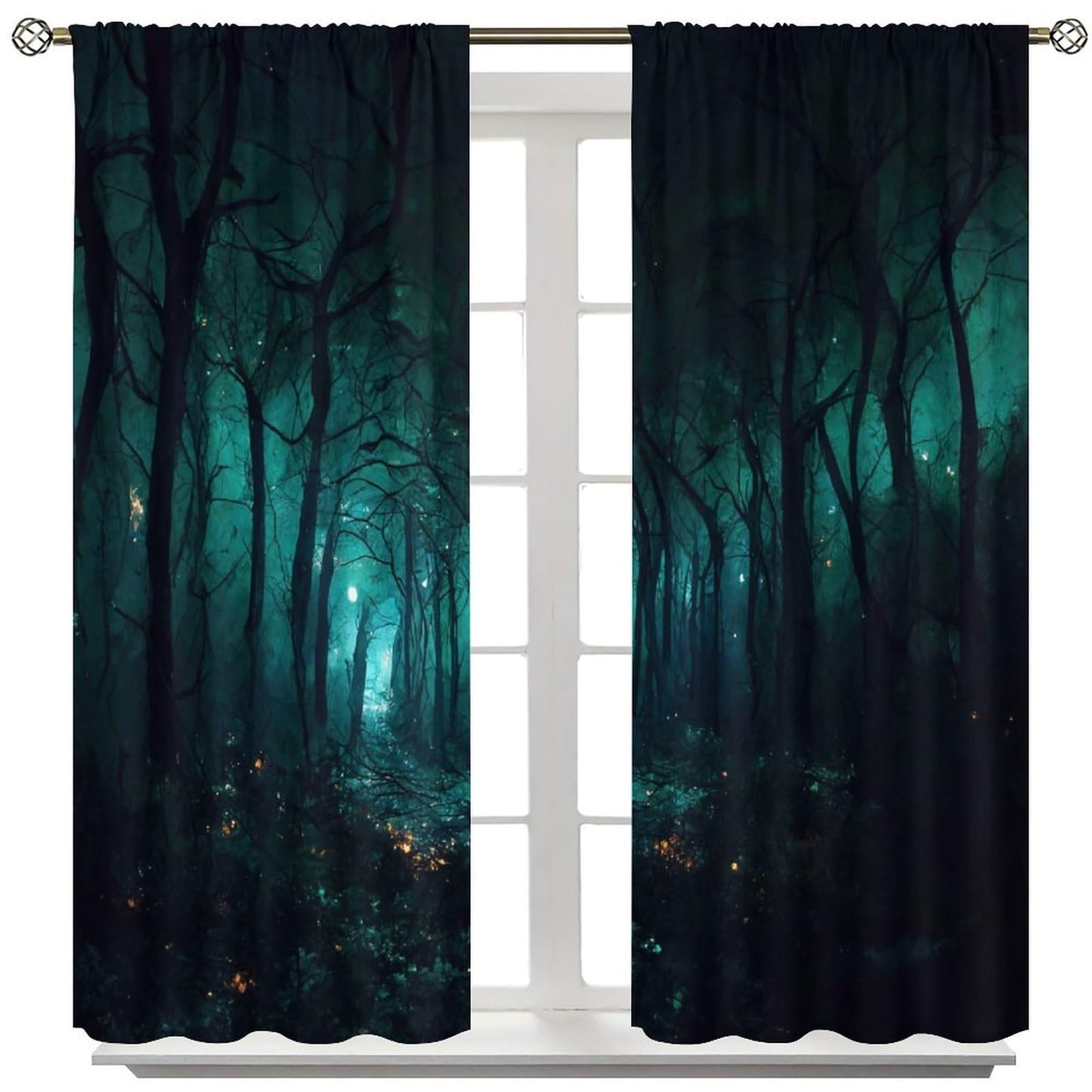 SHElifestyle Gothic Forest Curtains, Darkness Spooky Window Treatments, Creepy Horror Dark Tree Halloween Fireflies Window Drapes for Bedroom Living Room Kitchen W42 X L45