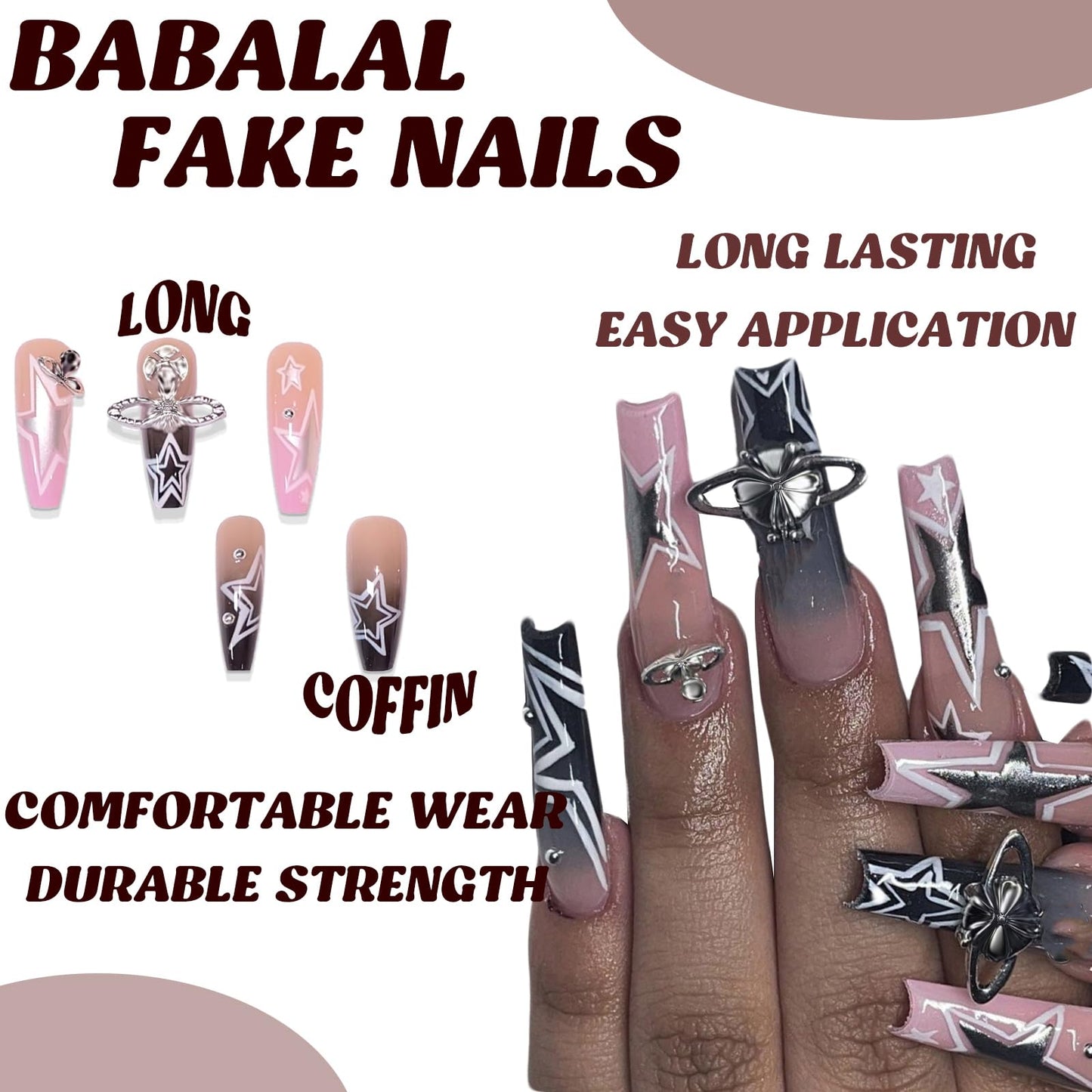 BABALAL Long Coffin Press on Nails - Y2K Goth Black and Pink Star Planet Rhinestone Design Acrylic Glue on Nails for Women and Girls 24 Piece