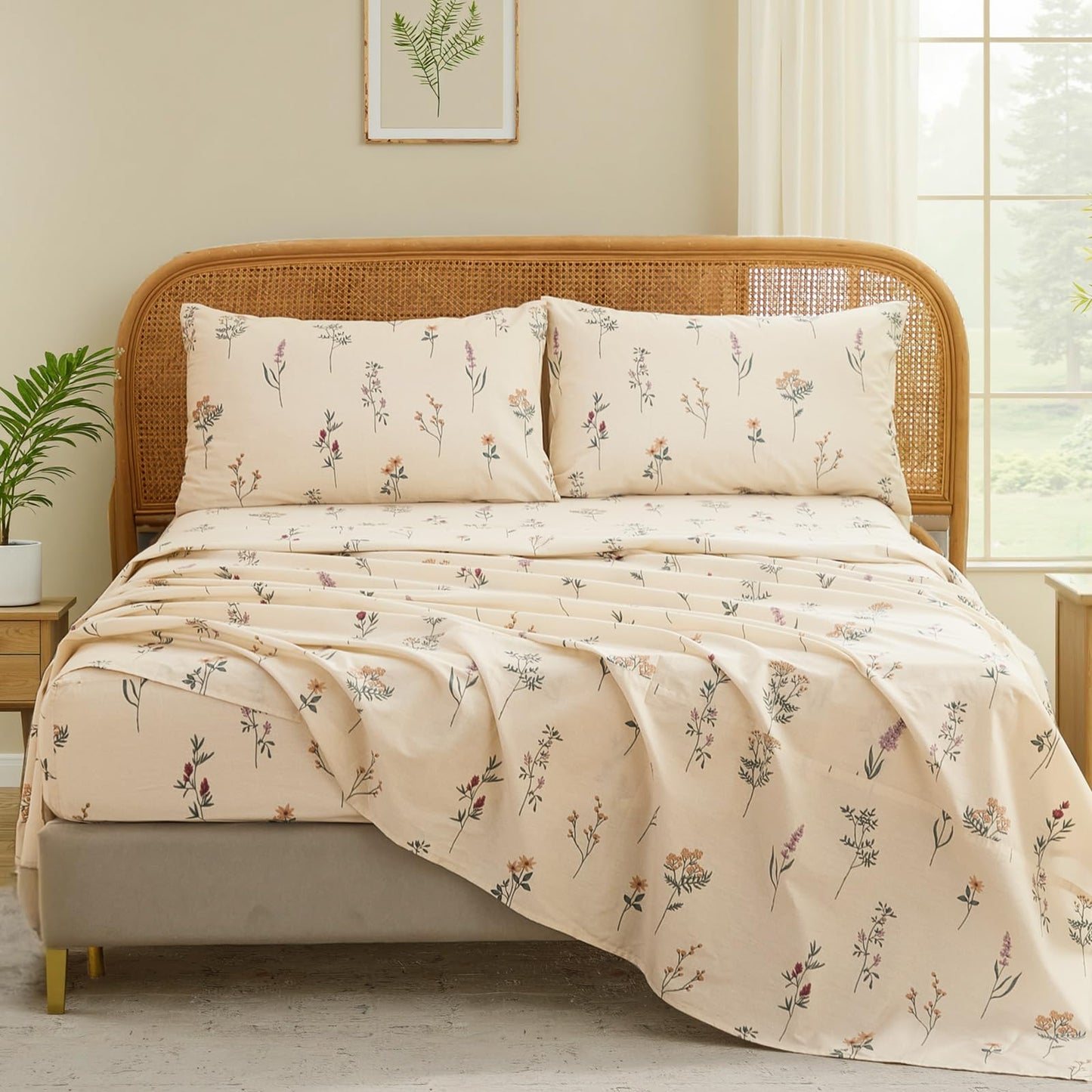 Cozaline Cream Floral Sheets Set Queen Size 100% Cotton, 4 Pieces, Soft & Breathable Percale Weave Bedding, Deep Pocket 17.5", Crisp Cool Feeling, Durable, Perfect Cute Floral Bed Sheet