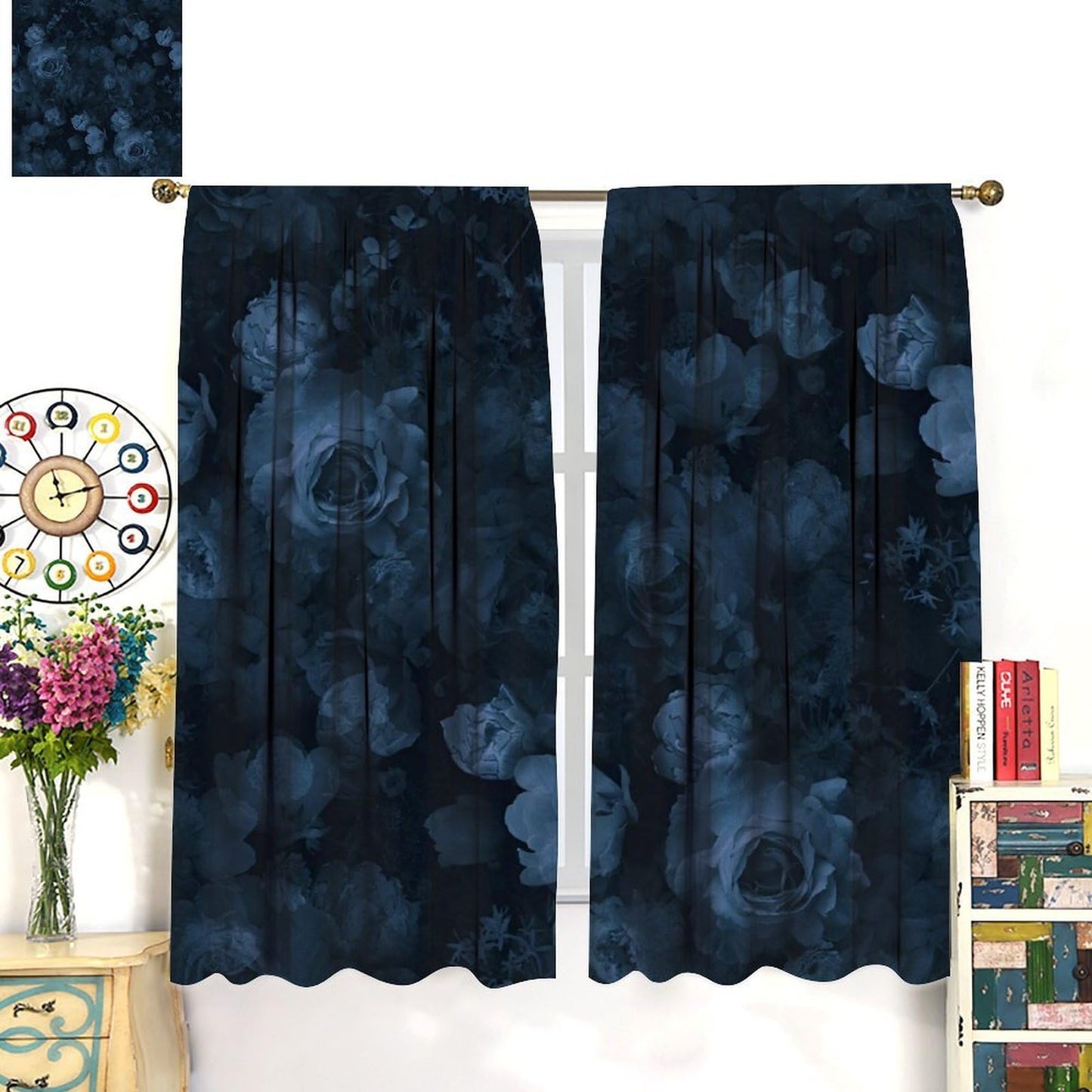 Nsbul Blue Floral Curtains, Moody Flower Rose Romantic Valentine Decor Rod Pocket Window Drapes for Girls Women Bedroom Living Room,42" W X 45" L (No Blackout)