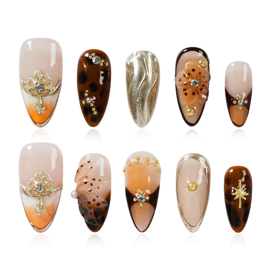 Tesytto Luxury Handmade Press on Nails - Gothic Gold Cross & 3D Floral Medium Almond, Vintage Pearl Rhinestone Glossy Salon Quality Nails (Orange Diamond Sweet Luxury,M)