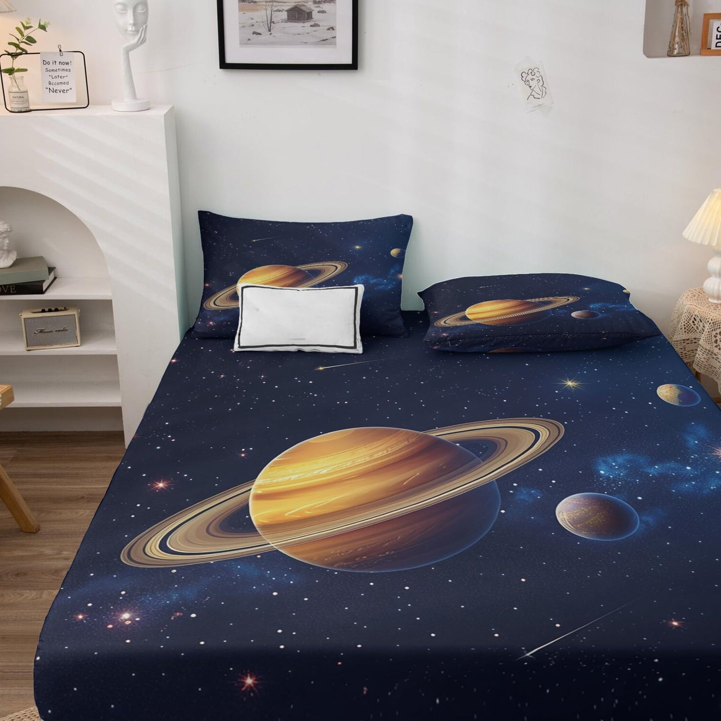 NOGAWA Planet Space Sheets Cal King, Galaxy Bed Sheets, Deep Pocket & Soft Microfiber Bedding Sheets & Pillowcases 4 Piece - Fitted Sheet & Flat Sheet & 2 Pillow Cases