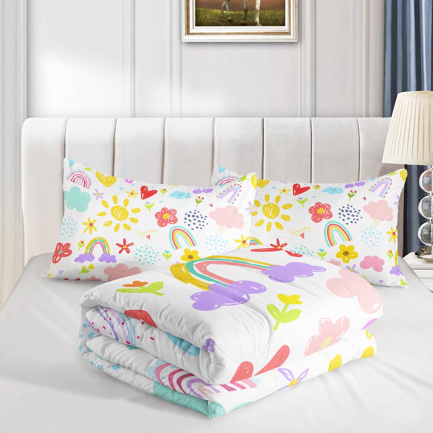 XYNHML Colorful Rainbow Comforter Graffiti Cute Sun Flowers Bedding 3Pcs Full Cartoon Hearts Cloud Pattern Quilt Set for Kids Teens Girls Boys Raindrop Bed Set with 1 Comforter and 2 Pillowcases