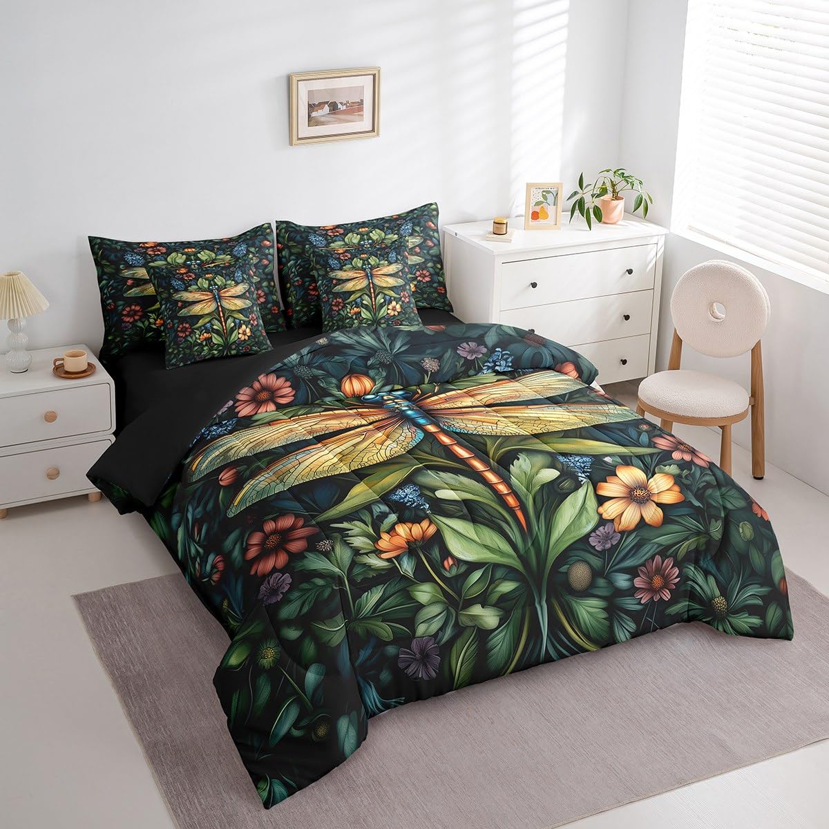 Erosebridal Dragonfly Bedding Set for Kids Teens,Flying Dragonflies Comforter Set King Size,Floral Leaves (Comforter+Fitted+Flat Sheet+2 Pillowcases+2 Throw Pillow Covers) 7 Pieces Bed Set