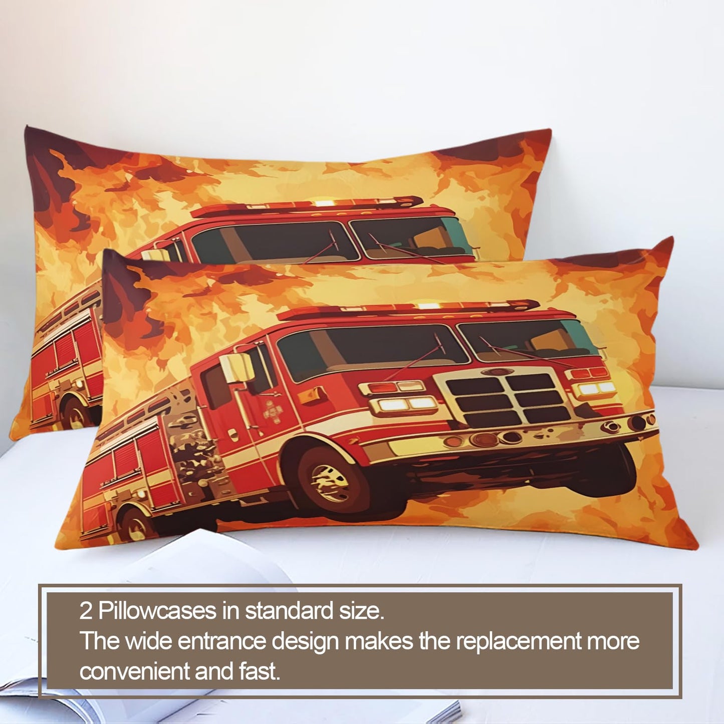 QINYUN Fire Truck Car Duvet Cover King Size, Flame Fire Engine Bedding Set 3 Piece Bedroom Decor Red Truck Patterned Comforter Cover with Zipper Ties & 2 Pillowcases