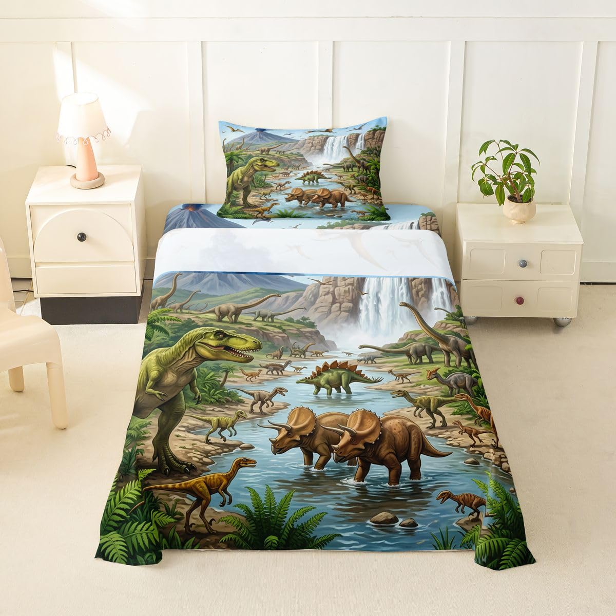 Feelyou Dinosaur Bed Sheets Sets Twin Size Kids Boys Girls 3D Digital Print Bedding Set Jungle Dino Bed Sheet Set with 16-Inch Deep Pockets Wild Animal 3Pcs with 1 Pillow Cases Green Blue and White
