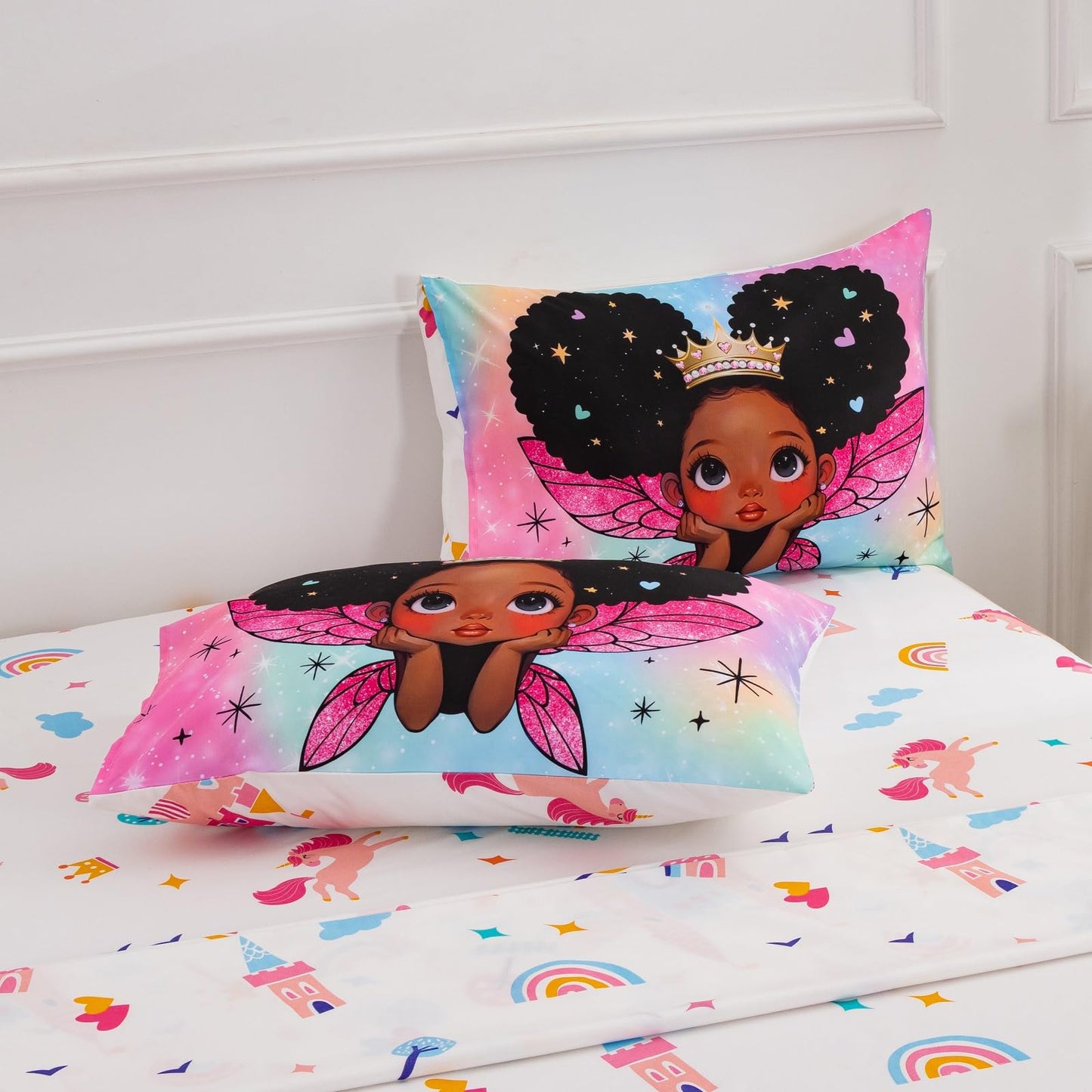 A Nice Night Black Girl Princess with Wings Comforter Set,Pink Gradient Glitter Rainbow Galaxy 6pcs Kids Twin Size Bedding Set,Room Decor for Girls