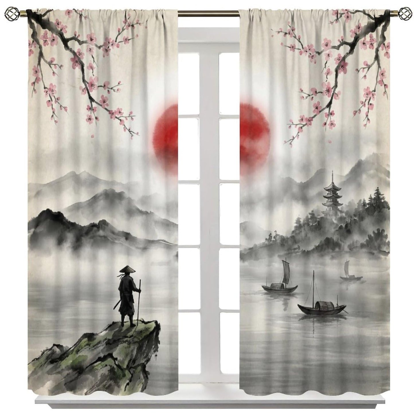 Nsbul Japanese Samurai Curtains, Ink Wash Cherry Blossom Misty Mountain Pagoda Lake Boat Oriental Window Drapes for Bedroom Living Room Home Decor, 42" W X 45" L（No Blackout