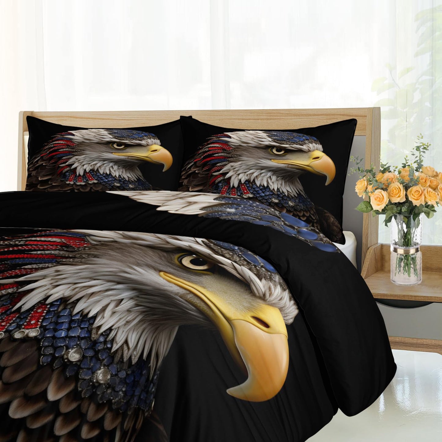 PAISUOQ Bald Eagle Duvet Cover Queen Size - American Eagle Home Decor & Gifts, 3 Piece Back to School Dorm Bedding, Easy Care Microfiber Comforter Cover & Pillowcases, Western Animals