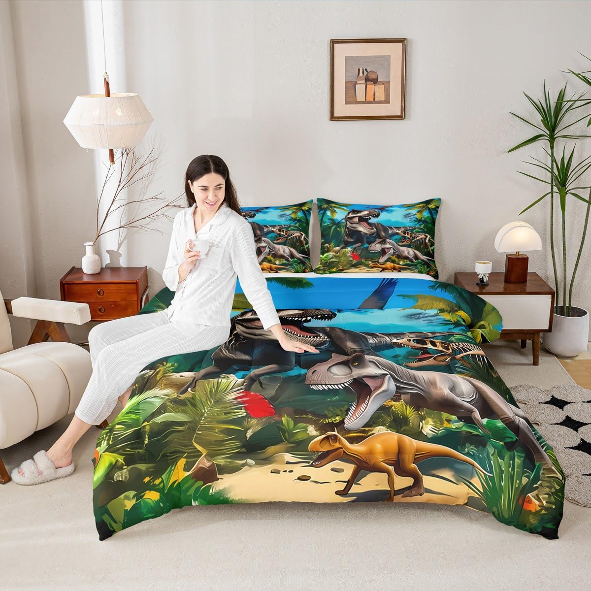 Feelyou Dinosaur Comforter Set Twin Size Dino Bedding Set for Boys Girls Children Jungle Dino Duvet Quilt Room Decor Wild Animal Breathable Soft Microfiber All Season 2Pcs