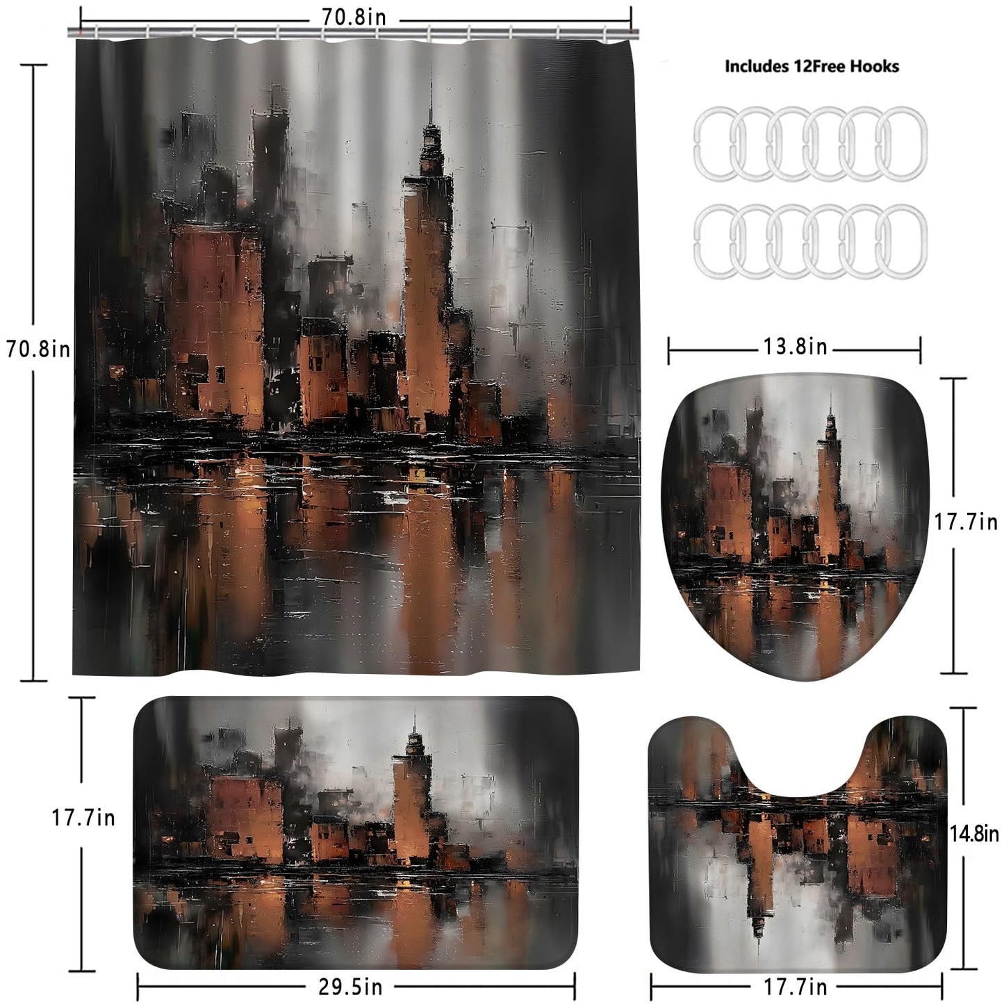 Yddsky 4 Pcs Black and Brown Geometric Shower Curtain Sets with Rugs Black Bathroom Sets with Shower Curtain and Rugs Modern Bathroom Curtains with Toilet Lid Cover for Bathroom Decor Accessories