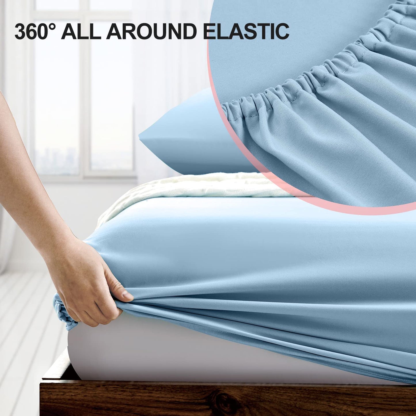 FreshCulture Queen Fitted Sheet - Hotel Quality, Ultra Soft & Breathable Brushed Microfiber, Deep Pocket, Cooling Fitted Sheets for Queen Size Bed (Light Blue)