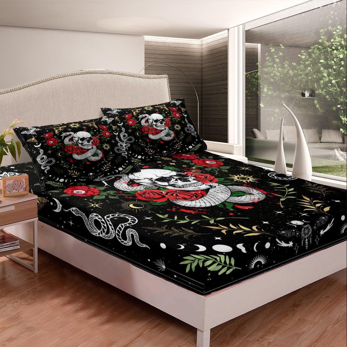 Castle Fairy Mysterious Halloween Theme Fitted Sheet Queen Size Romantic Skeleton Snake Rose Bedding Sheet Set,Bohemian Sun Moon Bed Cover Ultra Soft Breathable Bedding 3 Pcs