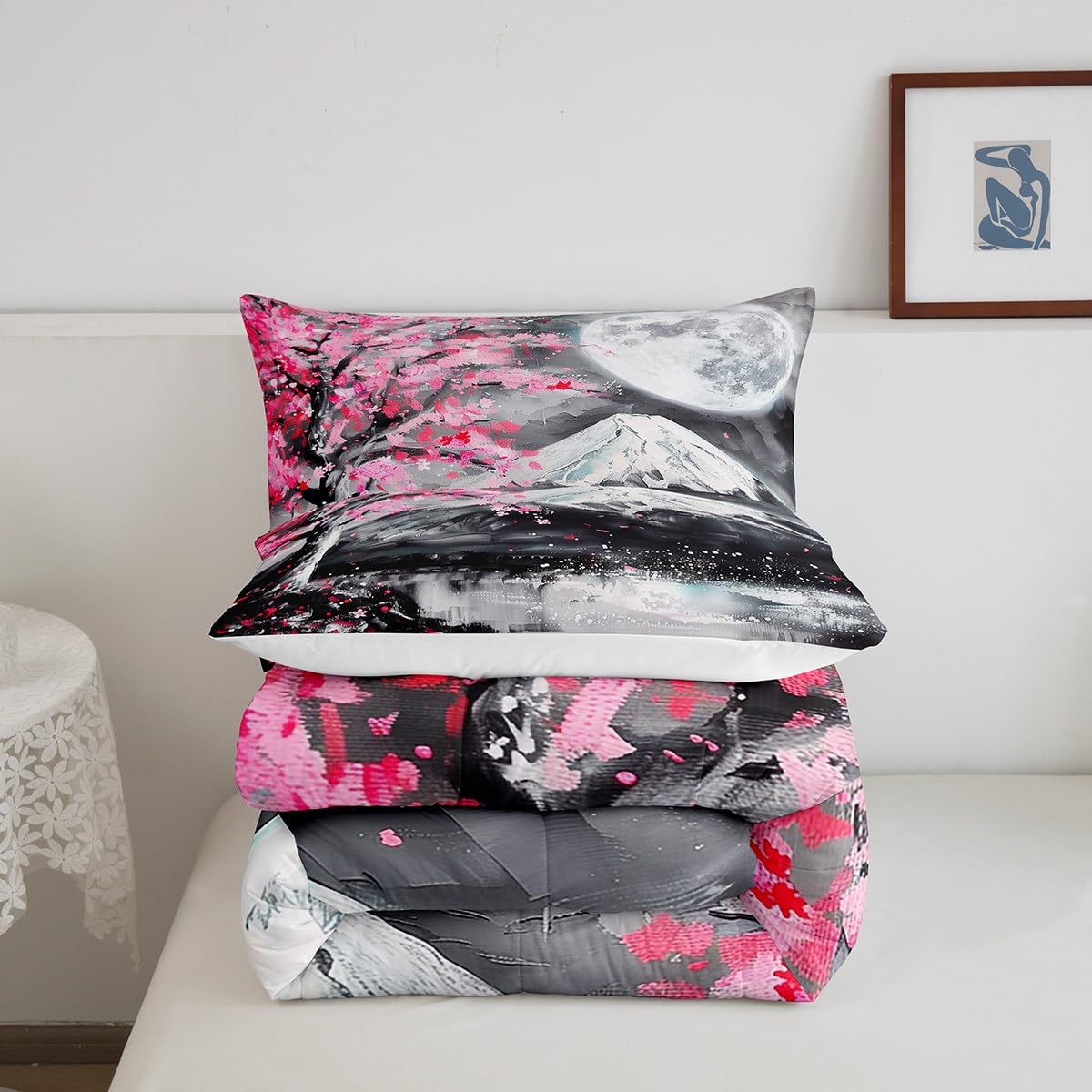 Castle Fairy Japanese Ukiyoe Comforter Set Twin Size,Fuji Mountain Scenery Quilt Set for Kids Girls Boys Home Room Decor Pink Cherry Blossoms Tree Bedding Set Retro Oil Painting Art Duvet Insert 2pcs
