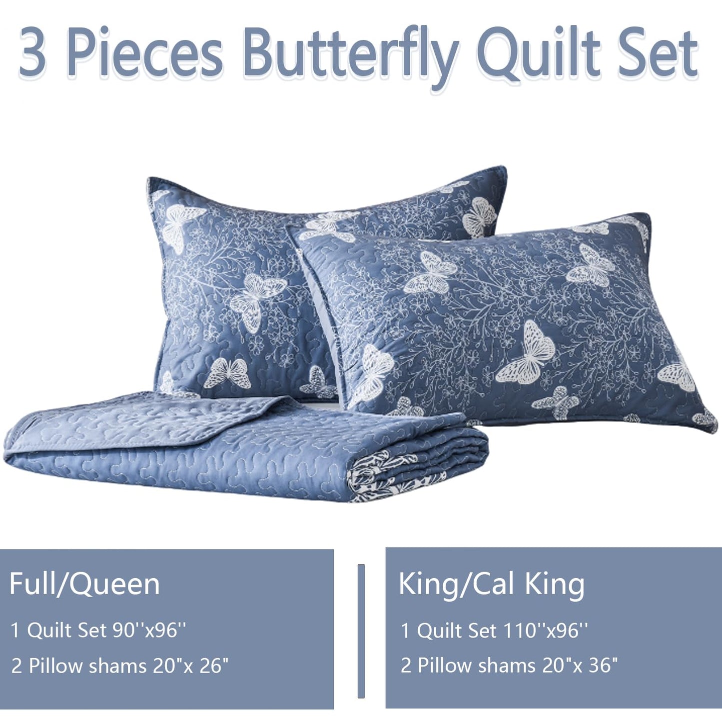 Yogeneg Full Queen Size Quilt Set,White Butterfly Botanical Pattern Blush Grey Bedding Set,3 Piece Lightweight Soft Summer Bedspread Coverlet with 2 PIillow Sham for All Season(Butterfly,90"x96")