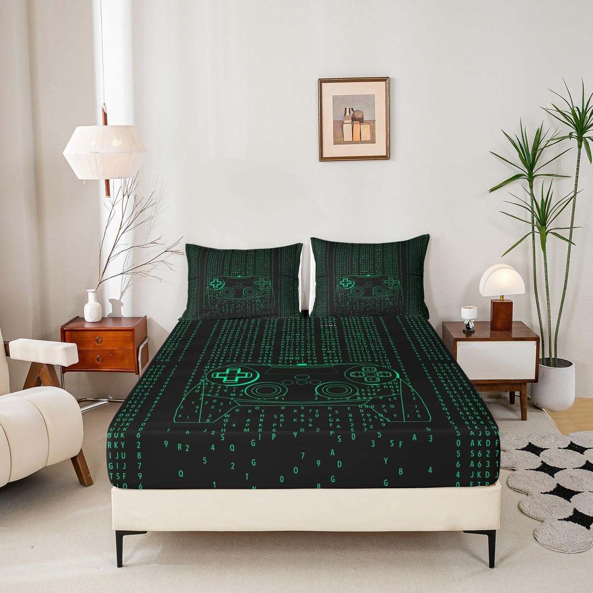 Kids Modern Gamer Bed Sheet Full Size Video Game Controller Fitted Sheet Gamepad Joystick Green Bedding Set for Boys Teens Adult Player Gaming Sheet Set Ultra Soft Room Decoration(No Top Sheet)