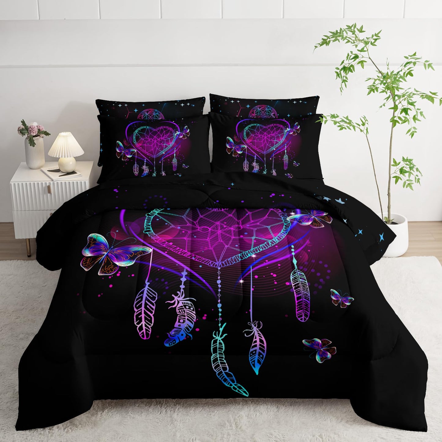 AILONEN Neon Love Comforter Set Twin Size,7-Piece Soft Bed in a Bag,Black Purple Dreamcatcher Comforter & Fitted Sheet & Flat Sheet & 2 Pillowcases,2 Pillow Shams for Bedroom